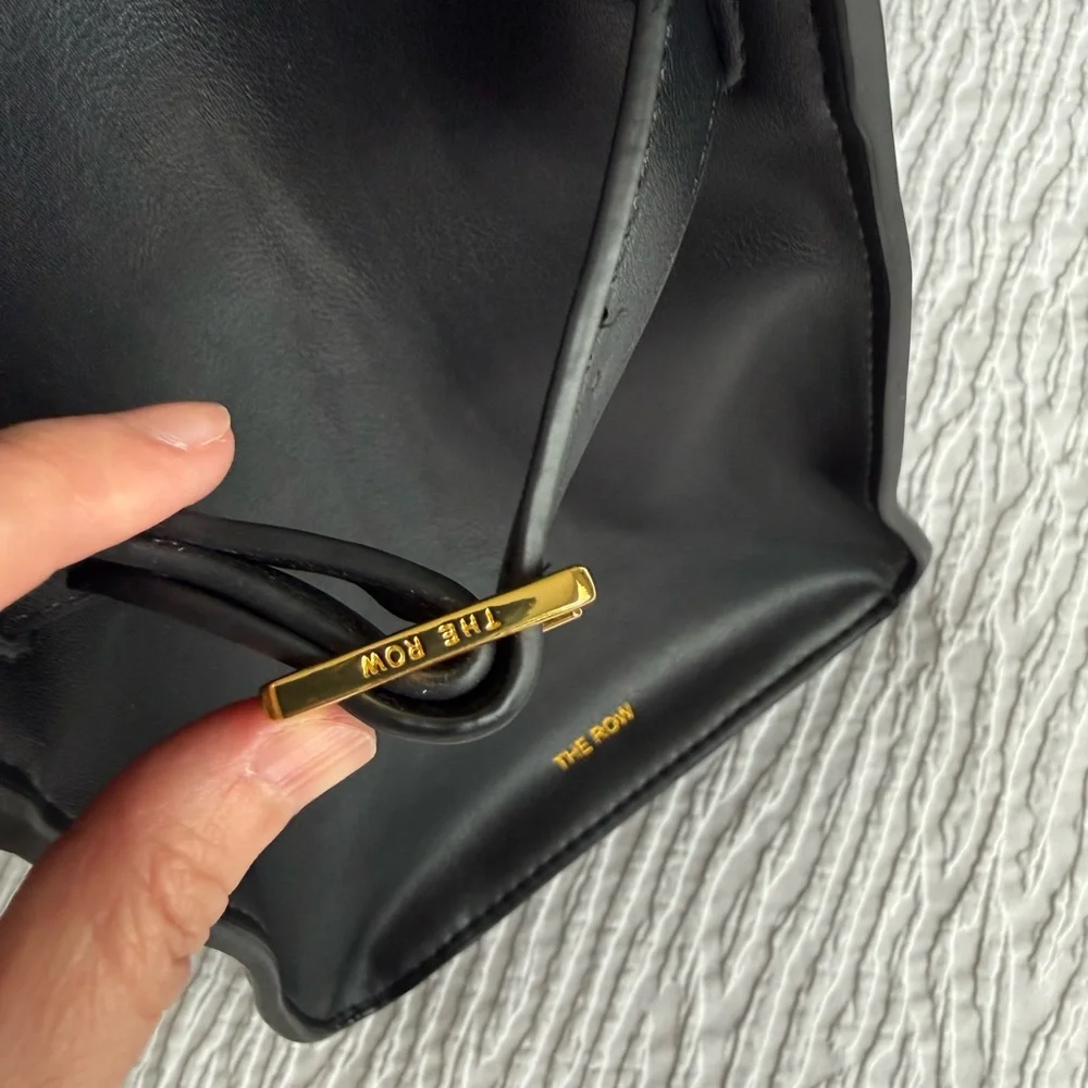 The Row Margaux Inspired Black Leather Drawstring Pouch with Gold Accents - Picture 5 of 14